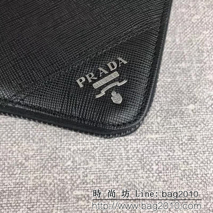 PRADA普拉達 官網同步 爆款 十字紋牛皮 男士單拉鏈錢包 2ML317 DD1878